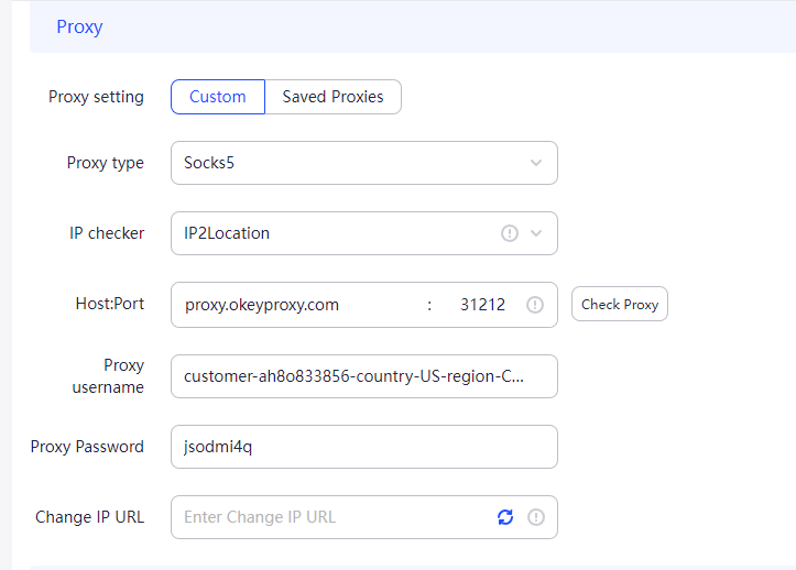 d.Input the proxy information generate from the OkeyProxy dashboard.