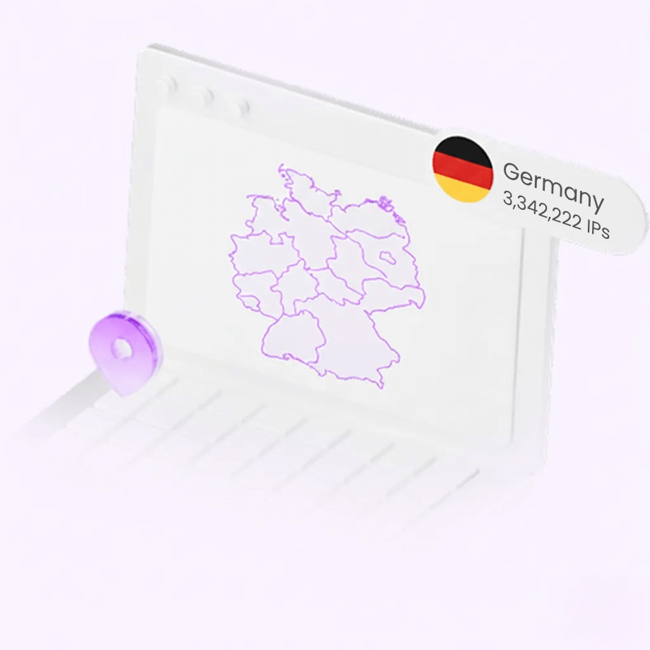 <h1 class="locations-detail-banner__title two-line-overflow" data-v-e4a2d41e=""><span class="color-primary" style="color: #b96ad9;" data-v-e4a2d41e="">Germany</span> Proxies<br data-v-e4a2d41e="" />3,342,222 IPs</h1>
<p class="locations-detail-banner__subtitle one-line-overflow" data-v-e4a2d41e="">Access dedicated Germany IPs for your web data scraping tasks</p>
<p class="locations-detail-banner__subtitle one-line-overflow" data-v-e4a2d41e="">&nbsp;</p>
<div class="locations-detail-banner__highlights" data-v-e4a2d41e="">
<div class="locations-detail-banner__highlight" data-v-e4a2d41e="">
<p class="locations-detail-banner__highlight" data-v-e4a2d41e=""><span data-v-e4a2d41e="">✔️Precise city-level targeting</span></p>
</div>
<div class="locations-detail-banner__highlight" data-v-e4a2d41e="">
<p class="locations-detail-banner__highlight" data-v-e4a2d41e=""><span data-v-e4a2d41e="">✔️99.9% uptime</span></p>
</div>
<div class="locations-detail-banner__highlight" data-v-e4a2d41e="">
<p class="locations-detail-banner__highlight" data-v-e4a2d41e=""><span data-v-e4a2d41e="">✔️High stability and scalability</span></p>
</div>
</div>
