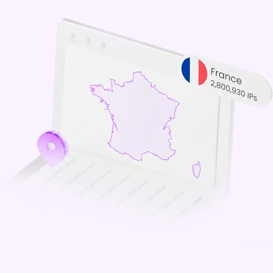 <h1 class="locations-detail-banner__title two-line-overflow" data-v-e4a2d41e=""><span class="color-primary" style="color: #b96ad9;" data-v-e4a2d41e="">France</span> Proxies<br data-v-e4a2d41e="" />2,800,930 IPs</h1>
<p class="locations-detail-banner__subtitle one-line-overflow" data-v-e4a2d41e="">Access dedicated France IPs for your web data scraping tasks</p>
<p class="locations-detail-banner__subtitle one-line-overflow" data-v-e4a2d41e="">&nbsp;</p>
<div class="locations-detail-banner__highlights" data-v-e4a2d41e="">
<div class="locations-detail-banner__highlight" data-v-e4a2d41e="">
<p class="locations-detail-banner__highlight" data-v-e4a2d41e=""><span data-v-e4a2d41e="">✔️Authentic France local IPs</span></p>
</div>
<div class="locations-detail-banner__highlight" data-v-e4a2d41e="">
<p class="locations-detail-banner__highlight" data-v-e4a2d41e=""><span data-v-e4a2d41e="">✔️Efficient data collection</span></p>
</div>
<div class="locations-detail-banner__highlight" data-v-e4a2d41e="">
<p class="locations-detail-banner__highlight" data-v-e4a2d41e=""><span data-v-e4a2d41e="">✔️Secure anonymous access</span></p>
</div>
</div>