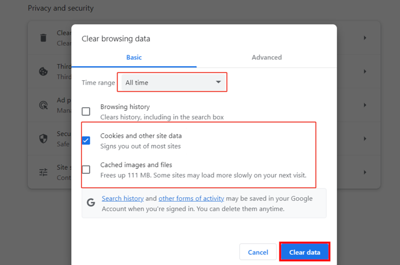 clear browser cache and cookies
