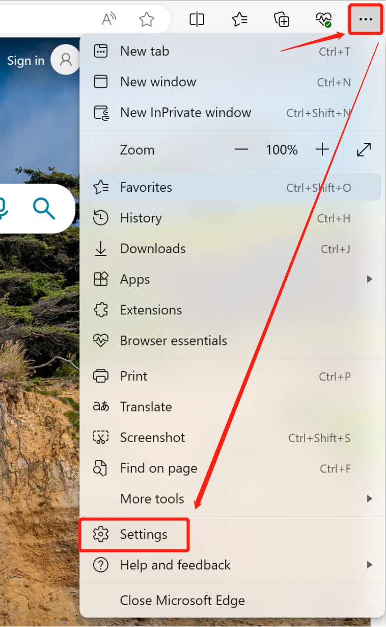Microsoft Edge three-dot menu