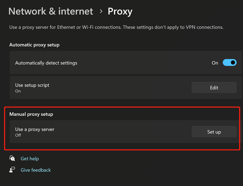 Microsoft Edge Manual proxy set up