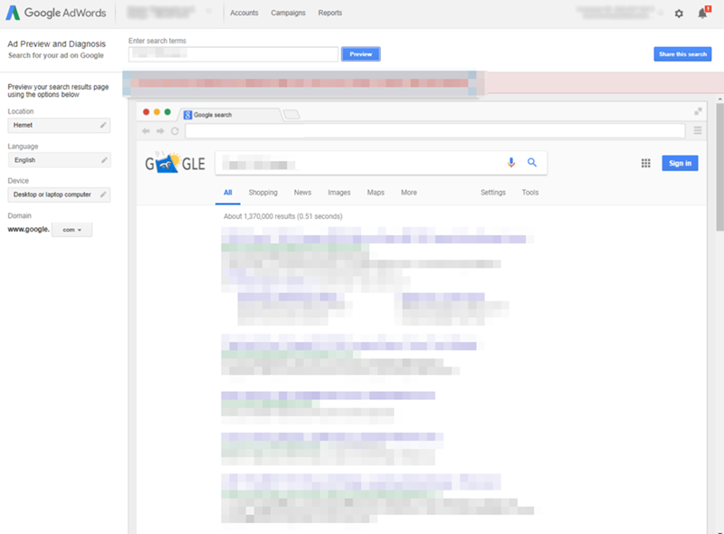 Google Ad Preview & Diagnosis Tool Result
